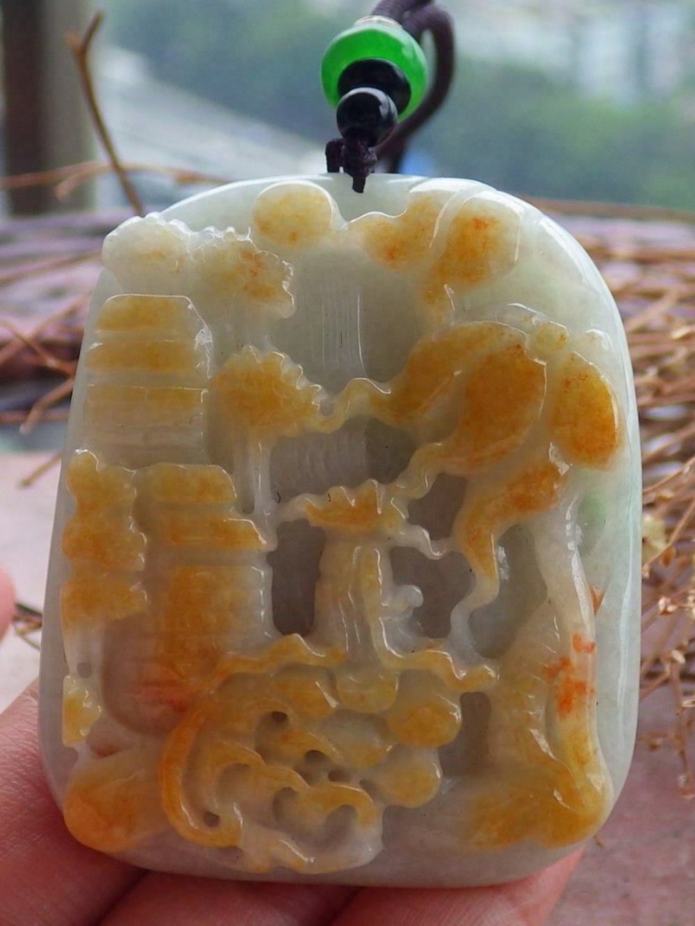 Certified Hand Carved Natural Burma A Jade Landscape Painting Pendant Necklace